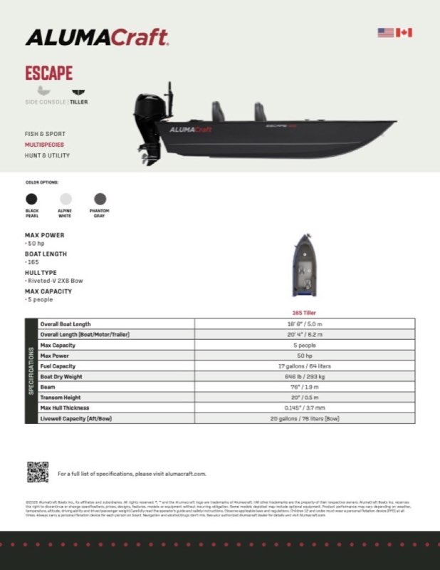 Escape 165 Tiller specification sheet